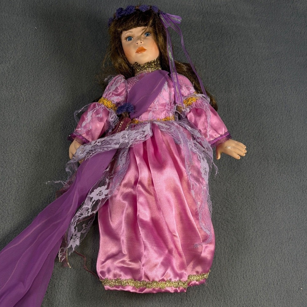 Vintage Porcelain Doll Pink Purple Satin Lace‎ Victorian Gown Blue Eyes Brunette